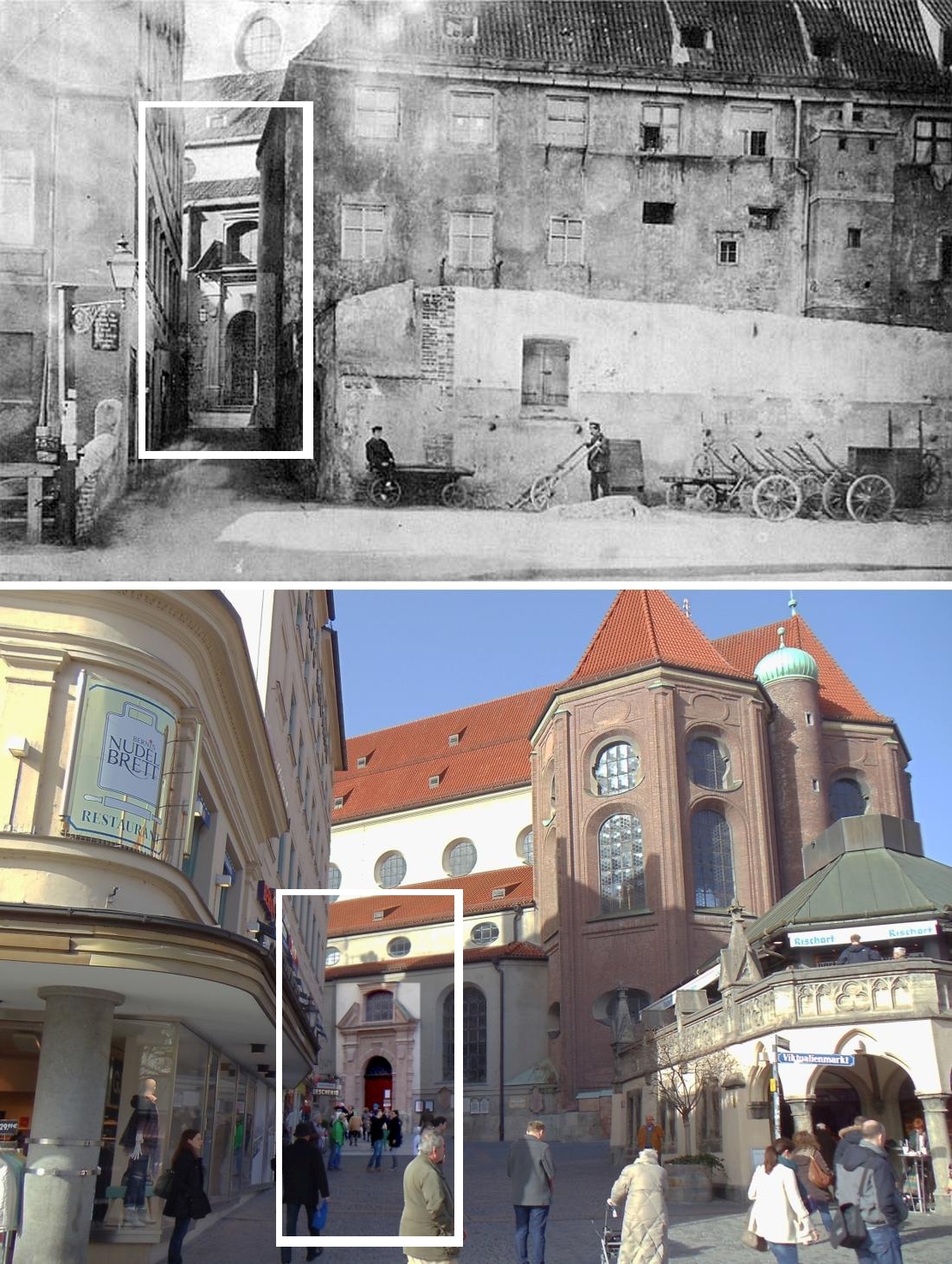 Aufgang zum Petersbergl vom Viktualienmarkt gesehen 1879 und 2015