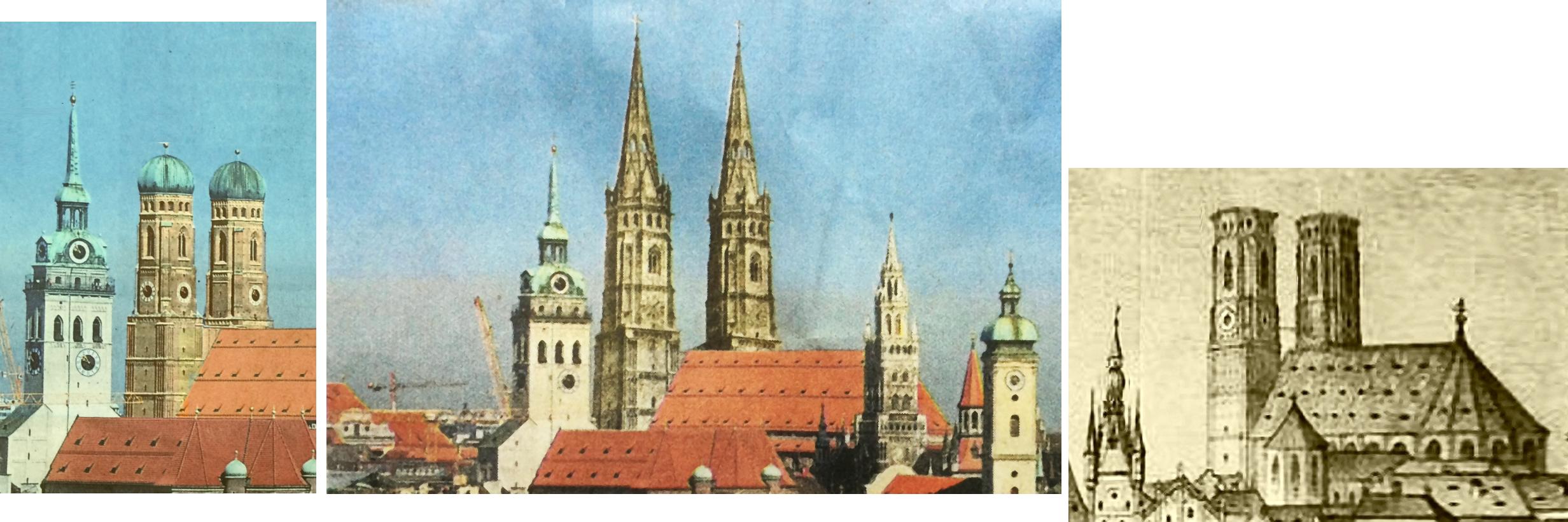 Turmhauben Frauenkirche heute, ursprünglicher Entwurf sowie nach Fertigsstellung um 1490