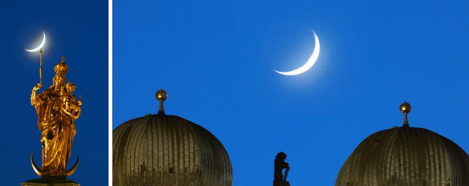 Mondsichel über Münchner Mariensäule und Frauenkirche