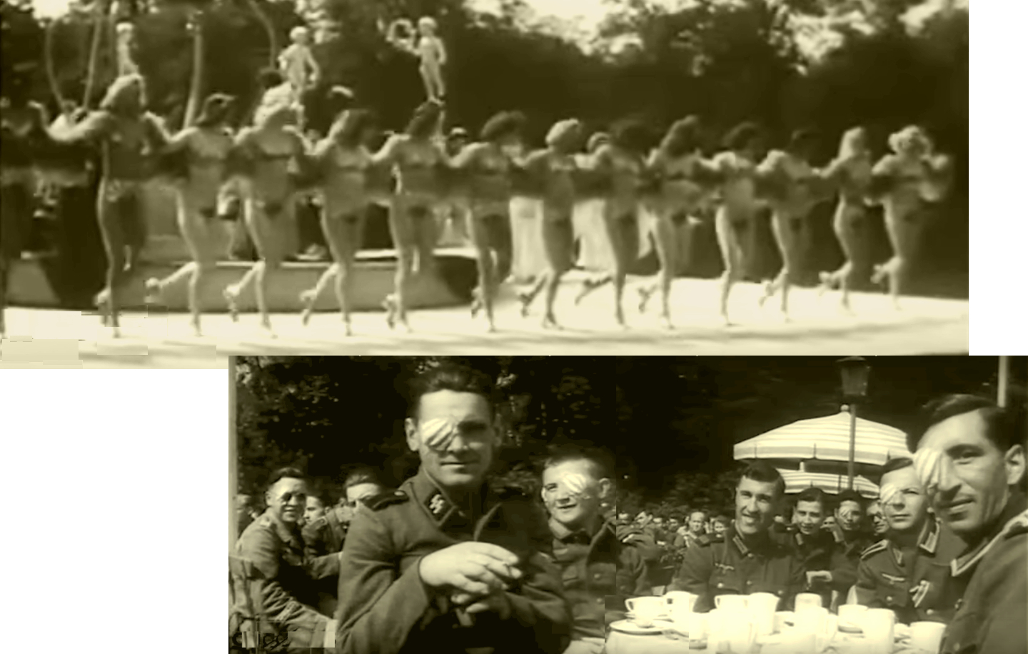Nackte Frauen tanzen vor verwundeten Wehrmachtssoldaten im Englischen Garten