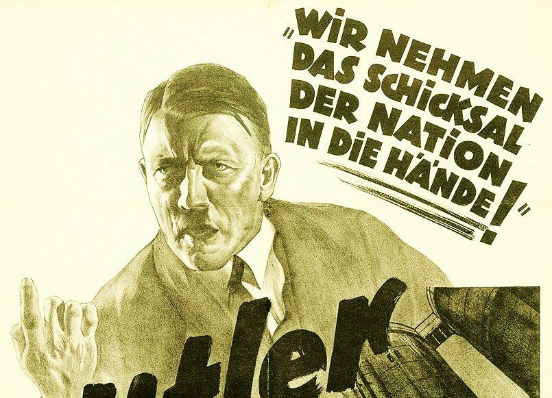 NSDAP-Wahlplakat mit gestikulierendem Adolf Hitler