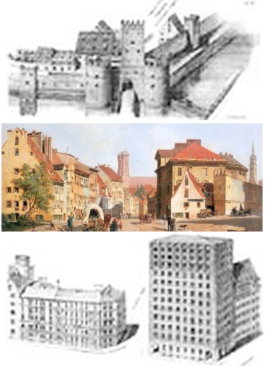 der Platz des städtischen Hochhauses an der Blumenstraße, wo einst
das Angertor stand, um 1570, 1835 und 1930