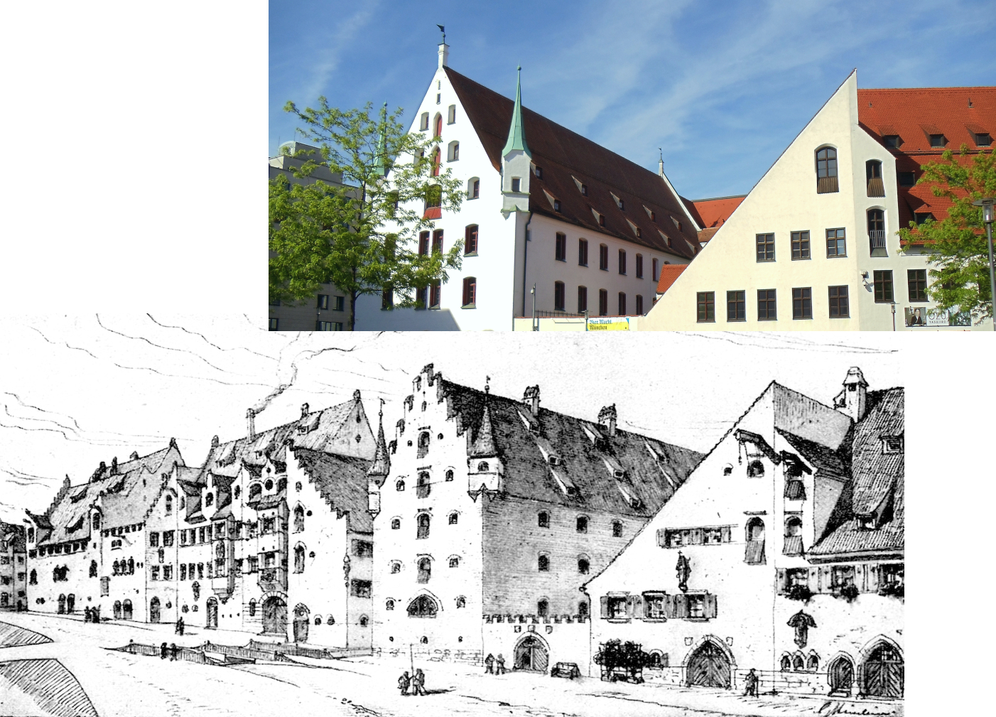 Das frühere Zeughaus und heutige Münchner Stadtmuseum, oben heute und unten 1570.