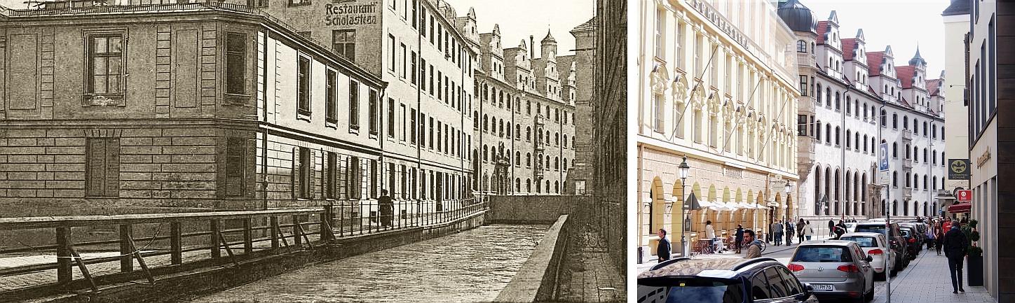 So wie im
Bild links sah es noch vor 100 Jahren aus - ein Stadtbachkanal, wo heute eine Straße verläuft